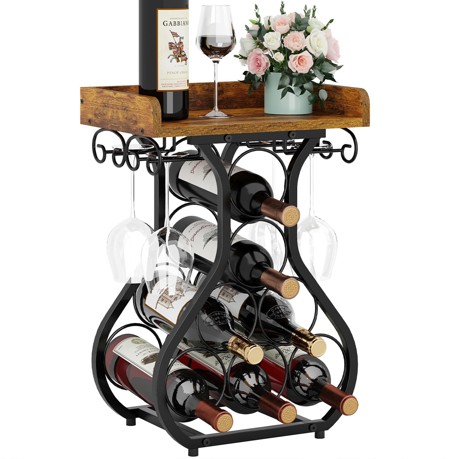 X-cosrack wine rack with wood top and glass holder elevates countertop display.