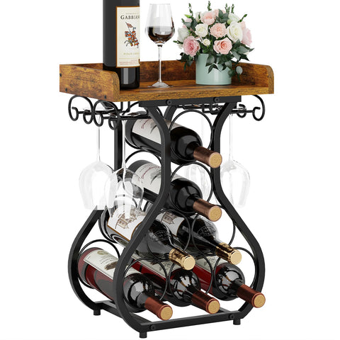 X-cosrack wine rack with wood top and glass holder elevates countertop display.