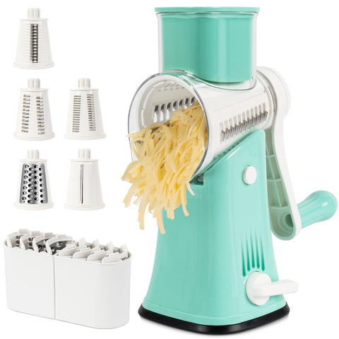 X Home 5-in-1 rotary cheese grater front view, blue, easy countertop use.