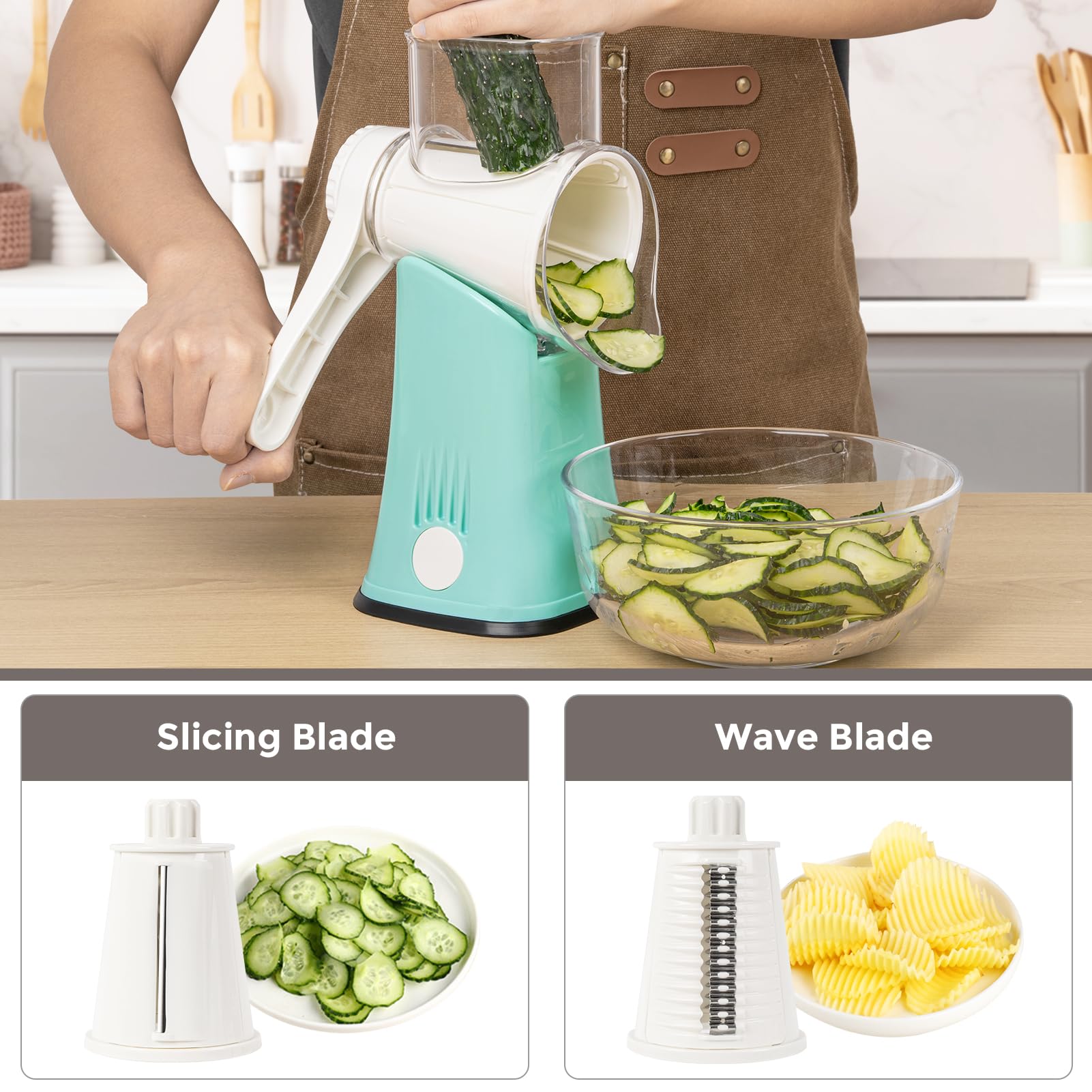 X Home blue grater with interchangeable blades for slicing, shredding, julienne.