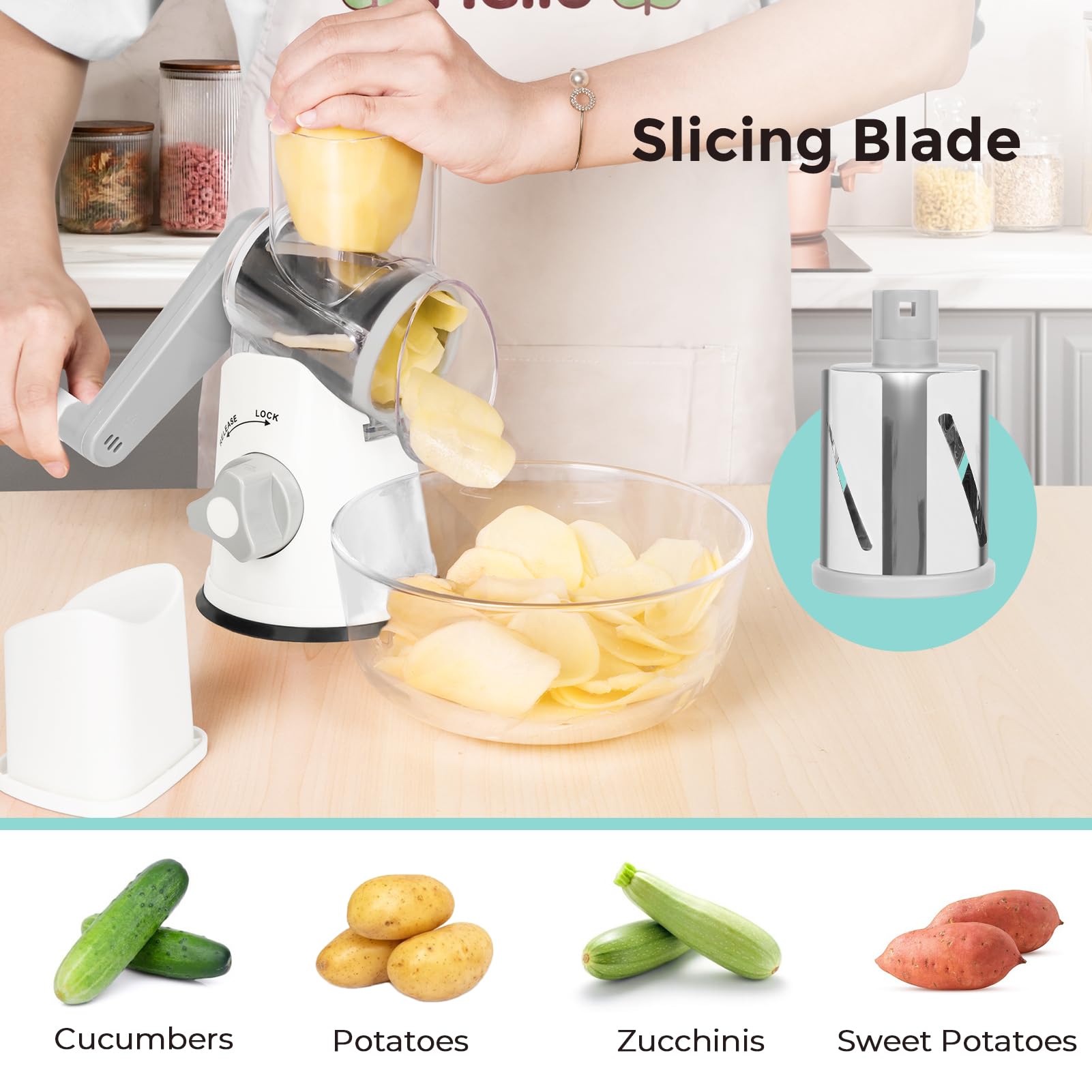 X Home rotary cheese grater, blades interchangeable, versatile slicing options