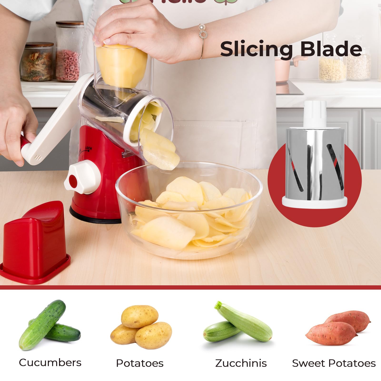 X Home rotary cheese grater blades assemble for slicing, shredding, or grinding.