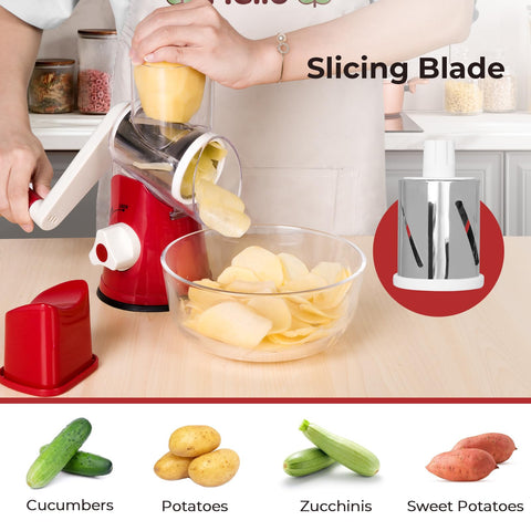 X Home rotary cheese grater blades assemble for slicing, shredding, or grinding.