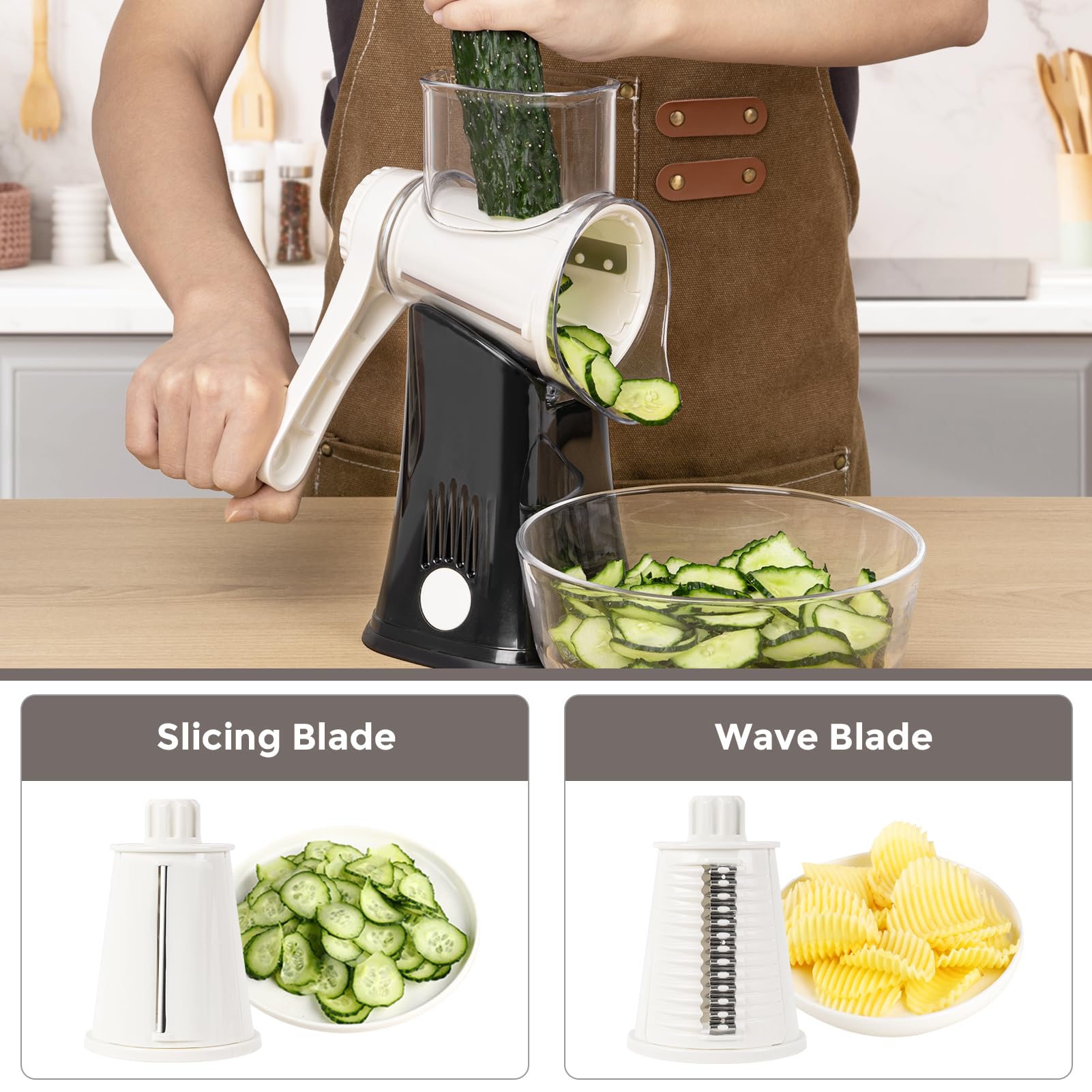 X Home rotary grater shows feeder chute for faster prep