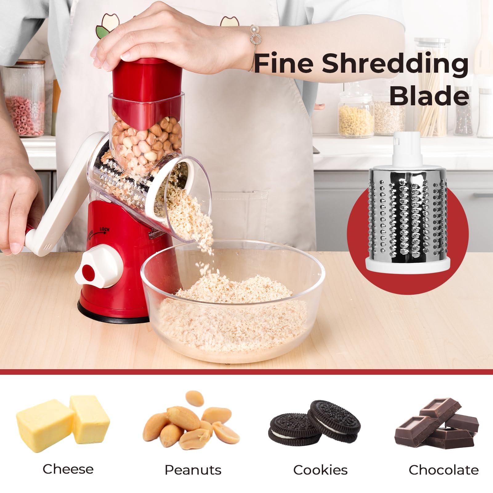 X Home rotary cheese grater with food pusher to protect fingers.