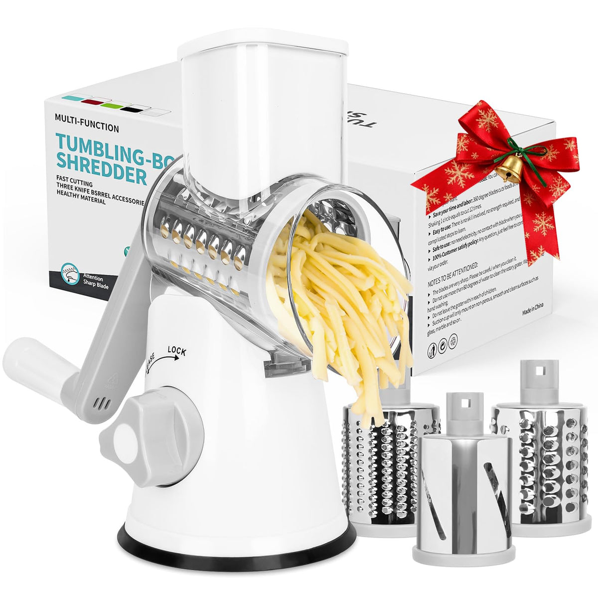 X Home rotary cheese grater, front view, quick cheese prep