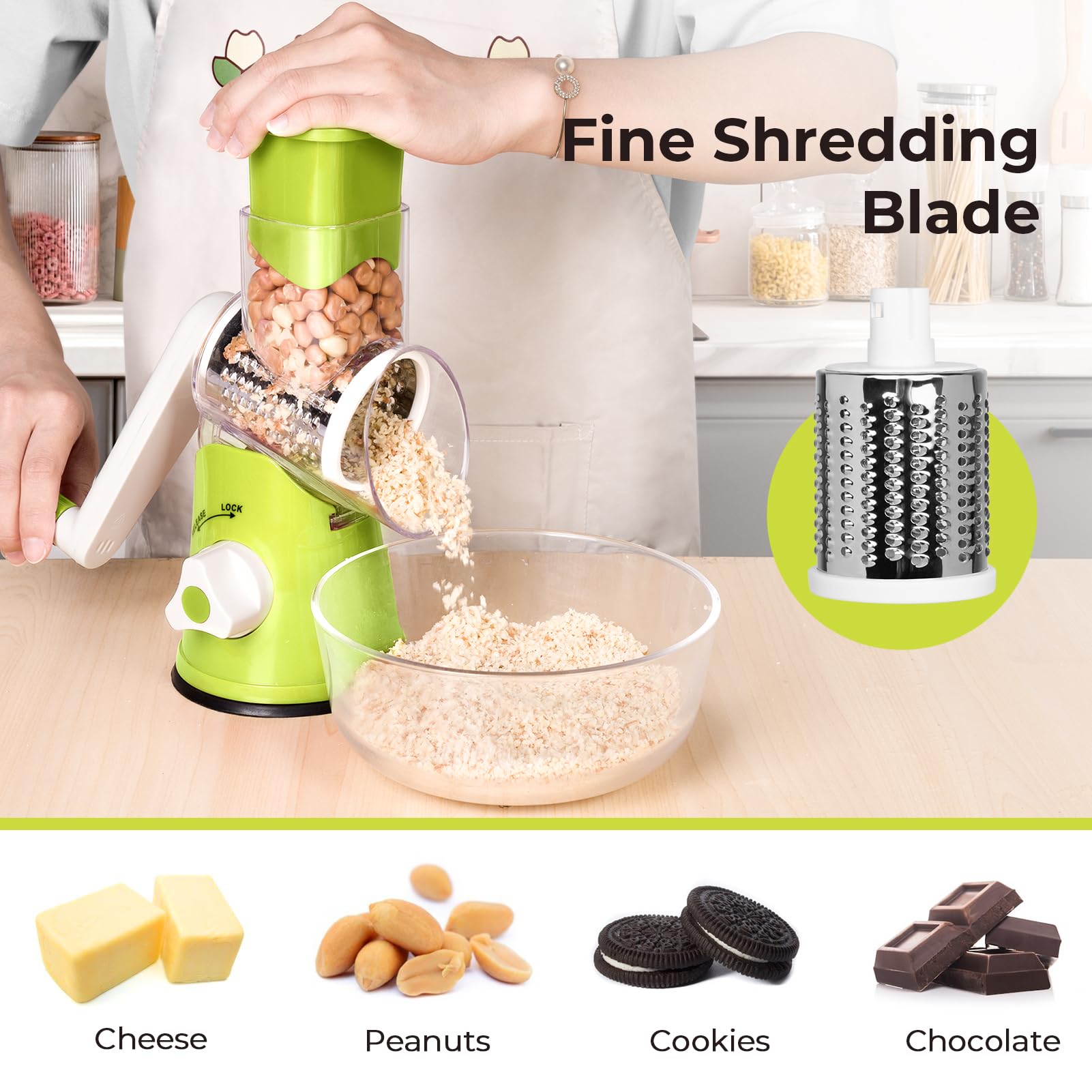 X Home Rotary Cheese Grater pulverizes cheese and nuts for toppings and baking.