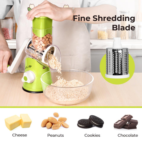 X Home Rotary Cheese Grater pulverizes cheese and nuts for toppings and baking.