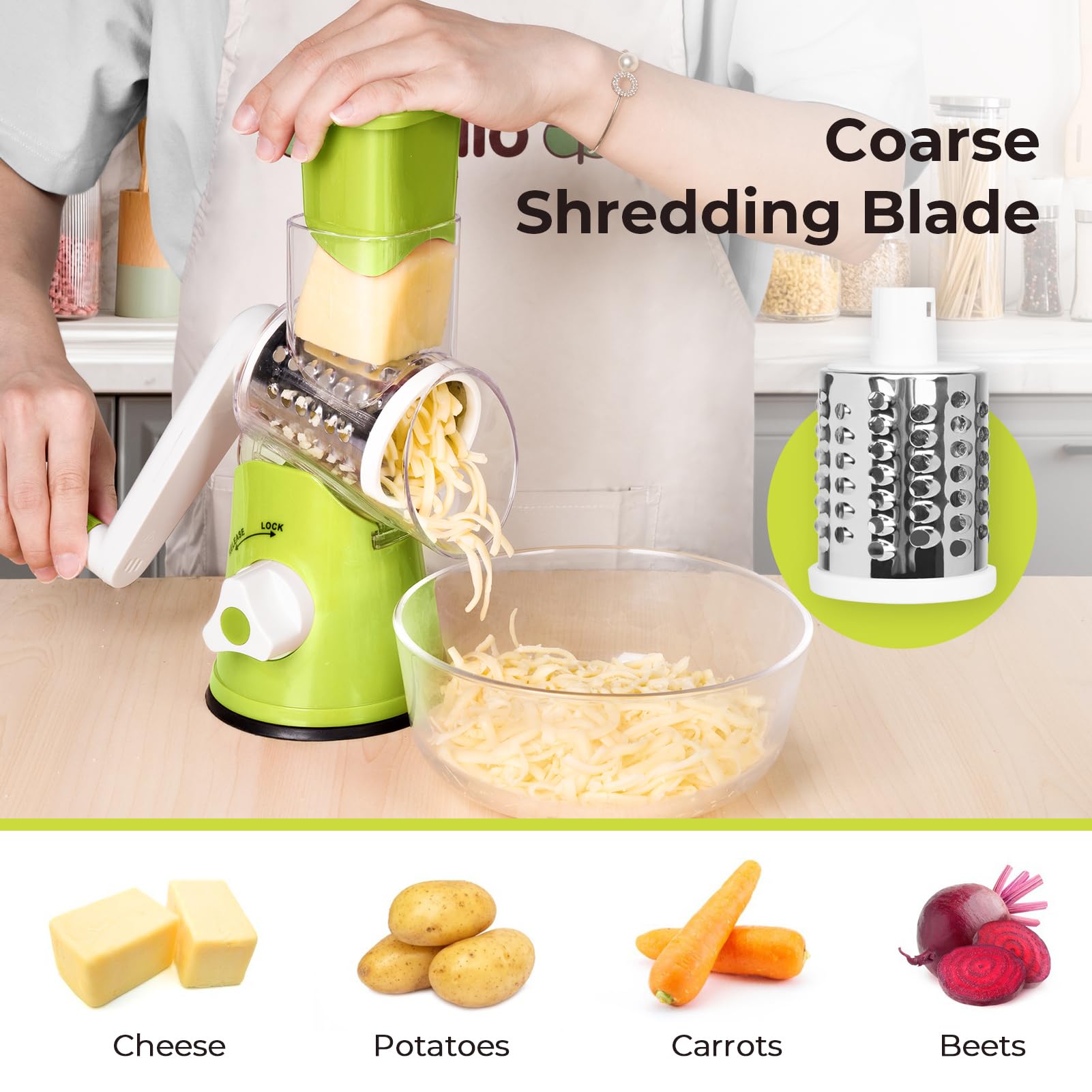X Home Rotary Cheese Grater interchangeable blades enable easy slicing and shredding.