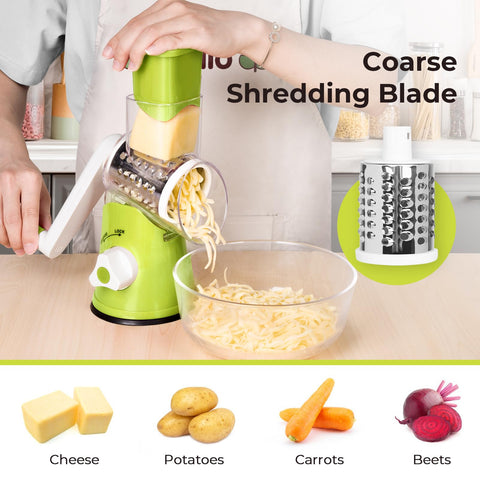 X Home Rotary Cheese Grater interchangeable blades enable easy slicing and shredding.