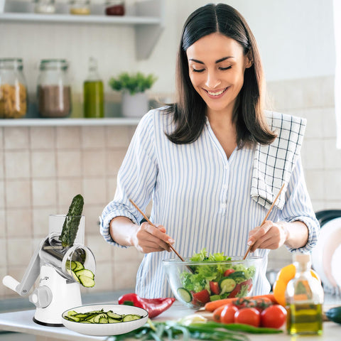 X Home rotary cheese grater, safety pusher in use, hands stay protected