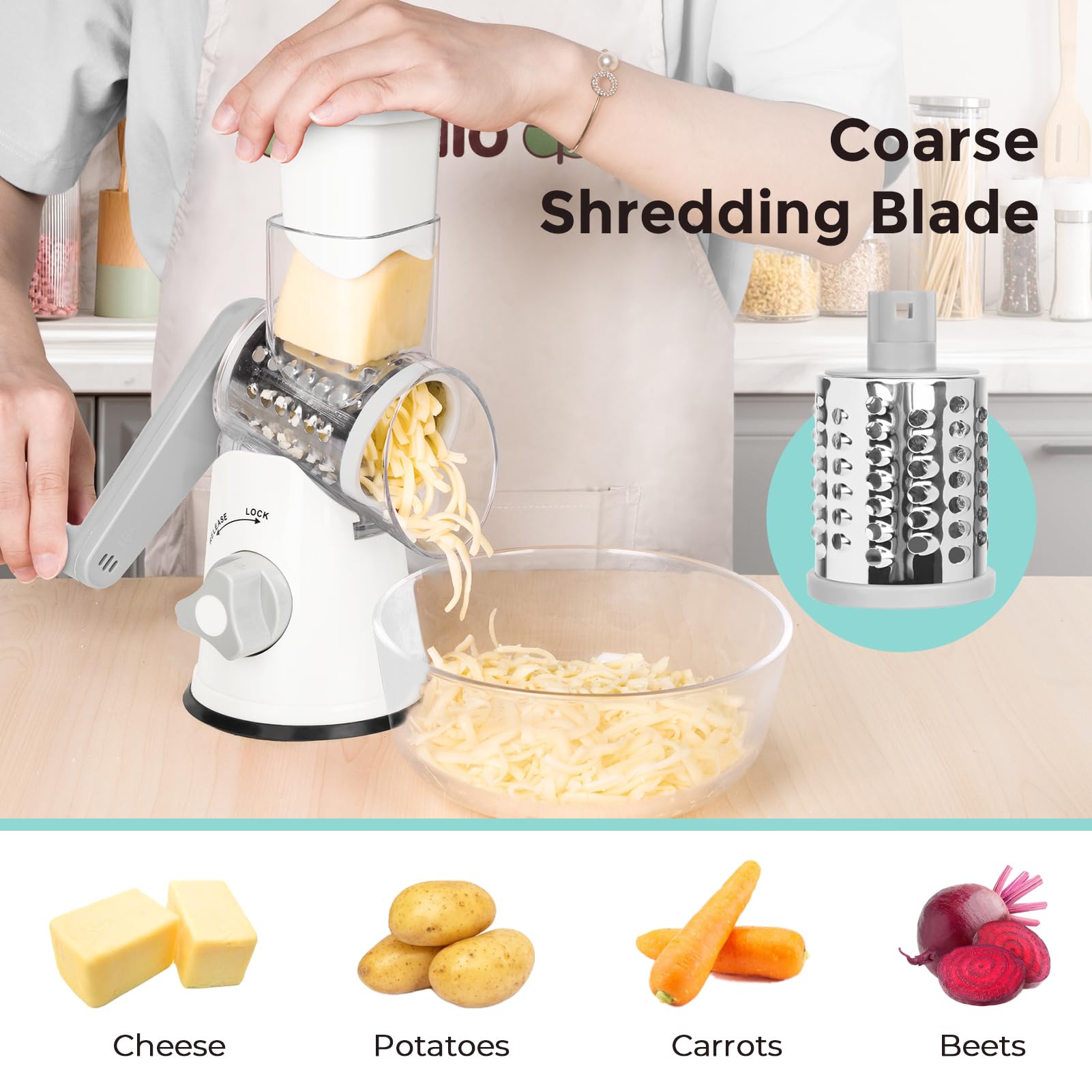 X Home rotary cheese grater, shredding cheese, fast and uniform results