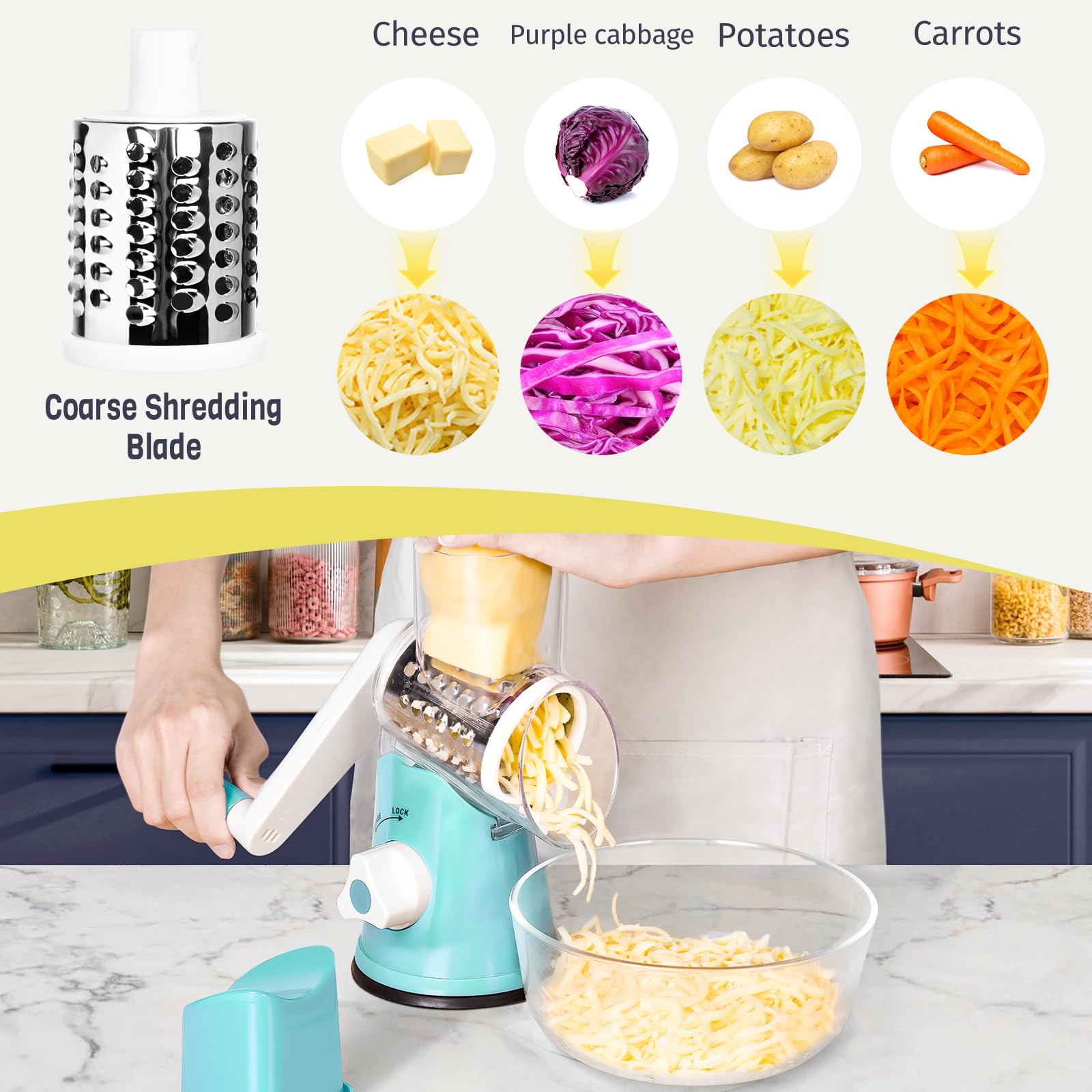 X Home Rotary Cheese Grater slicing and shredding in action