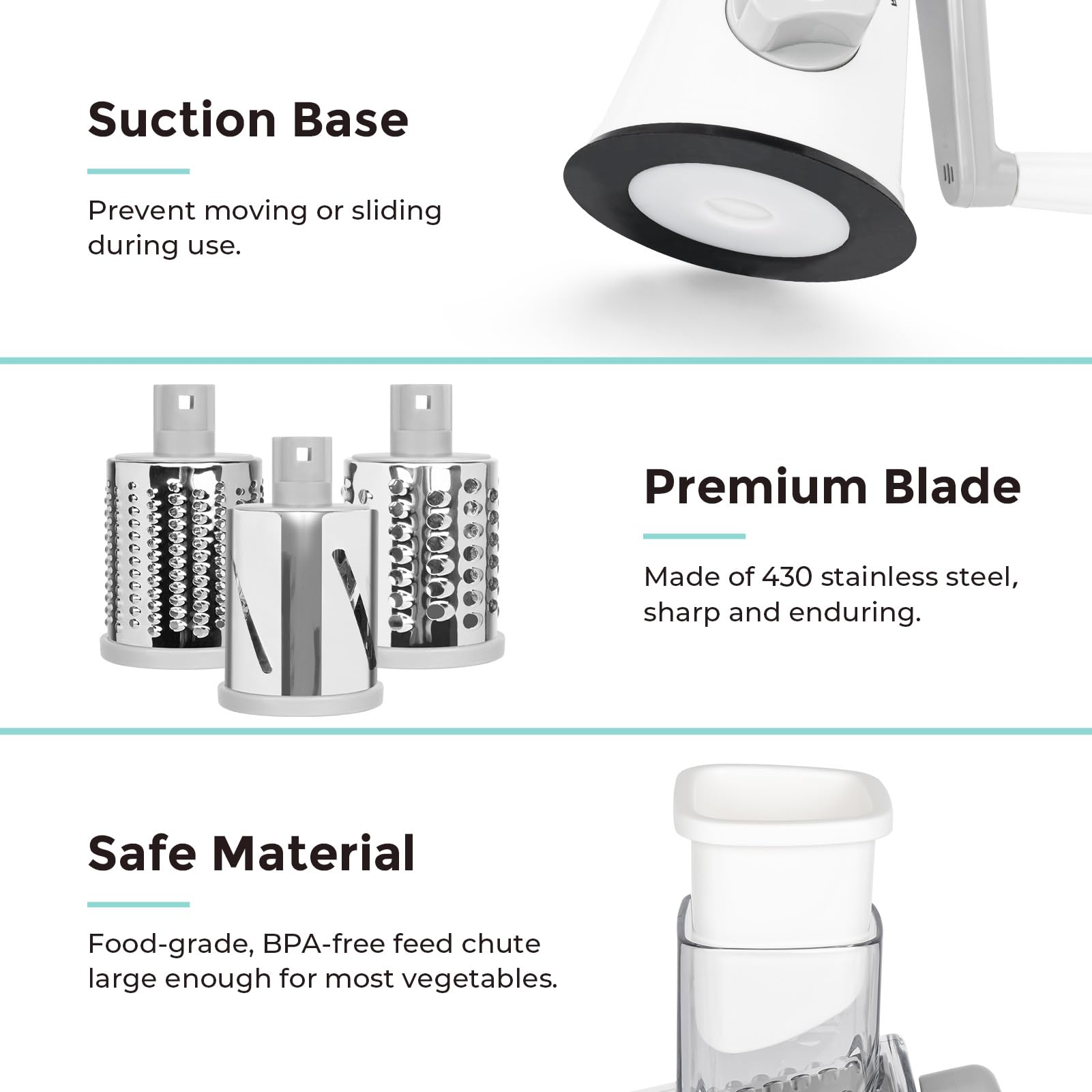 X Home rotary cheese grater, suction base secure, stable on countertop