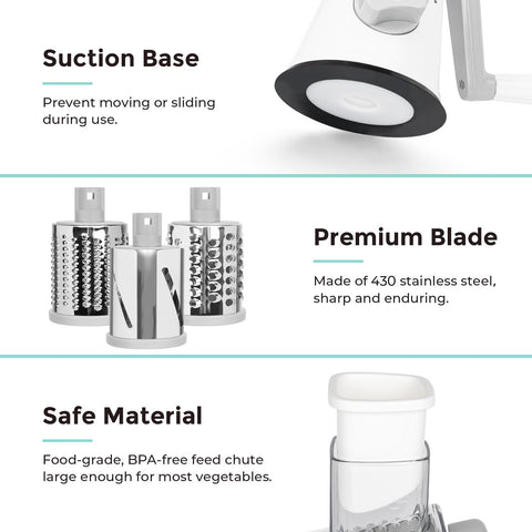 X Home rotary cheese grater, suction base secure, stable on countertop