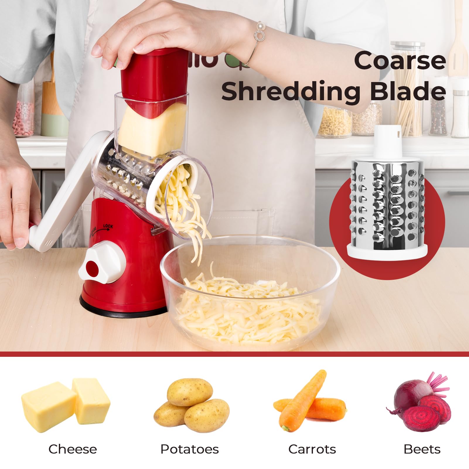 X Home rotary cheese grater shows secure suction base on counter.