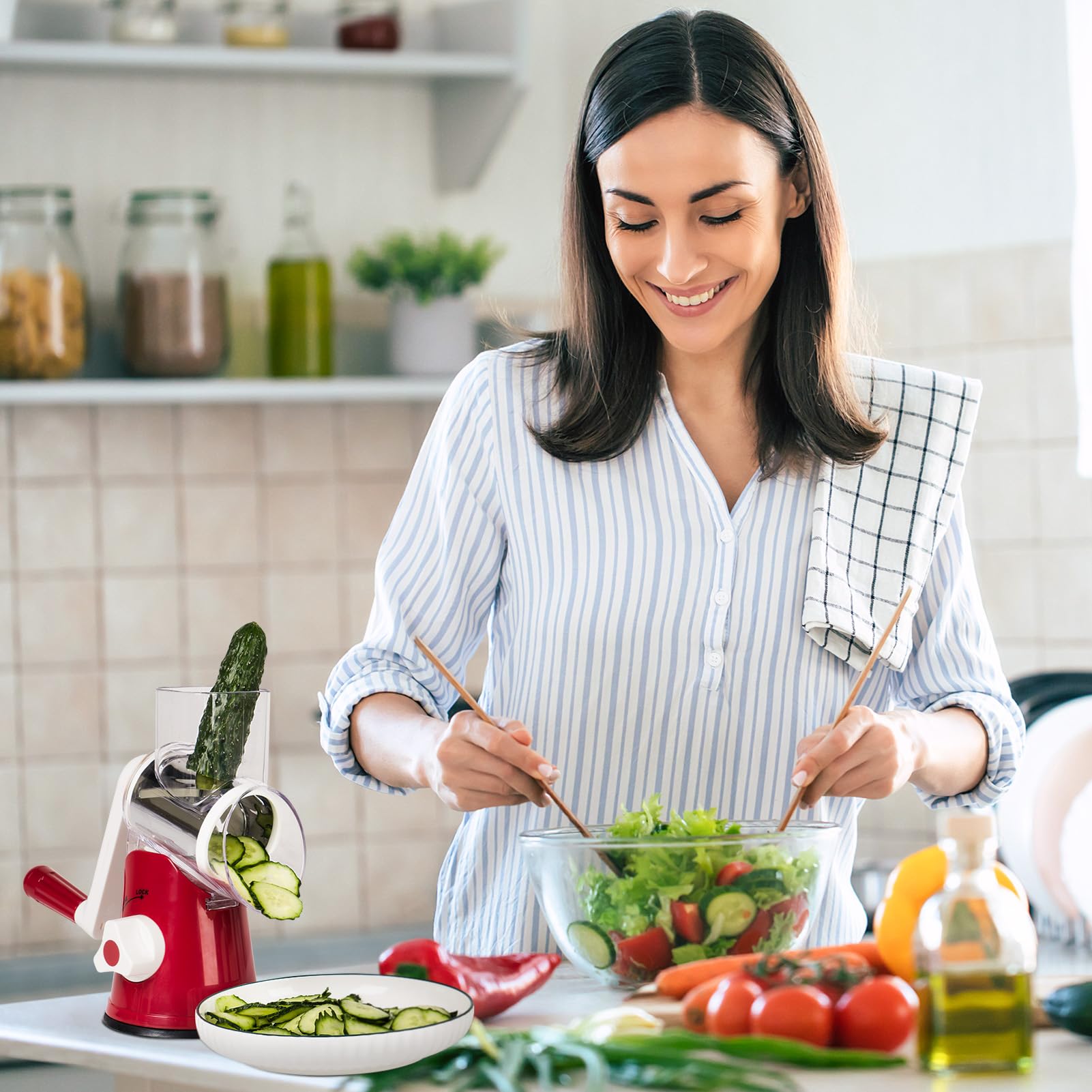 X Home rotary cheese grater in action shredding vegetables for a fresh dish.