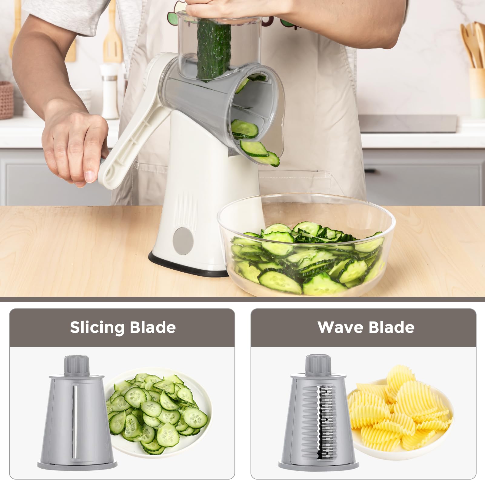 X Home rotary grater blade drum close-up highlights versatile shredding and slicing options.