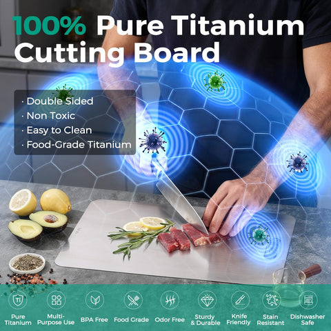 Xanthic Katuchef titanium cutting board back side for meat, reduces cross-contact safely.