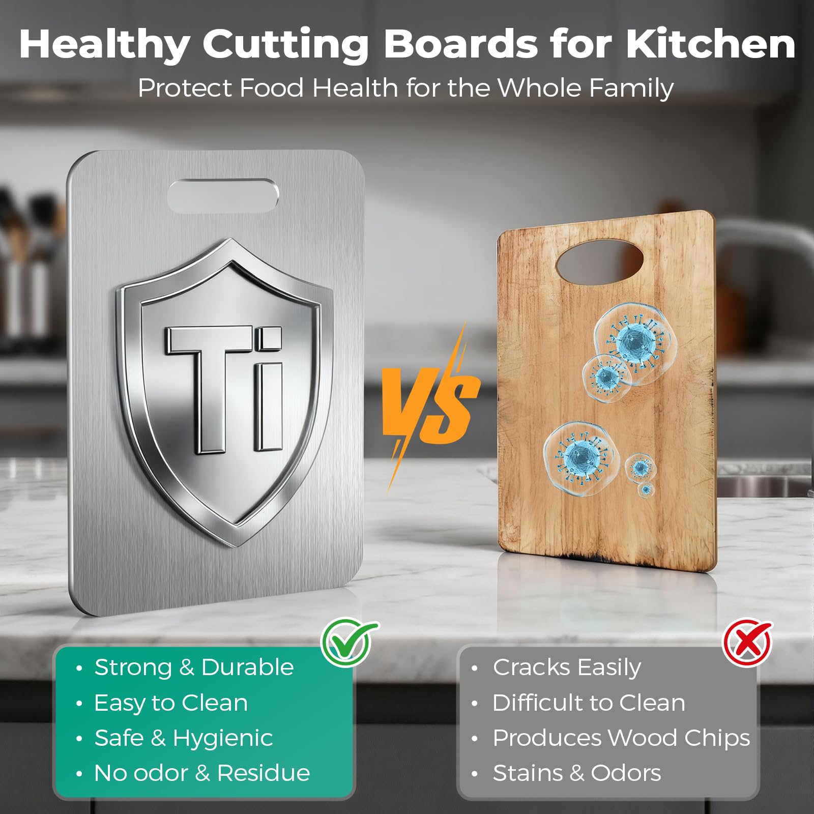 Xanthic Katuchef titanium cutting board; non-porous surface resists staining.