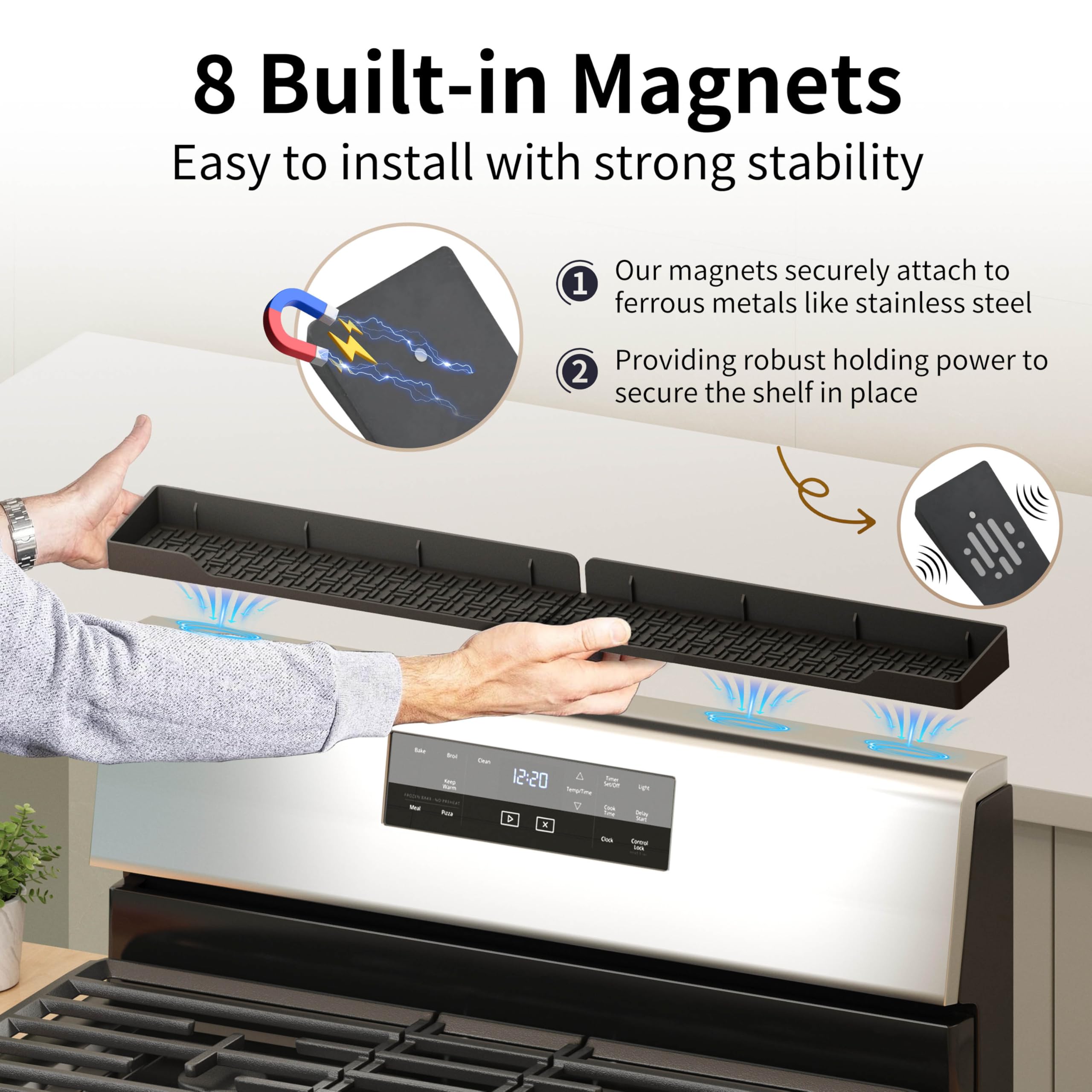 Xaogogo back-of-stove storage for spices and utensils, maximizing cabinet-free space.