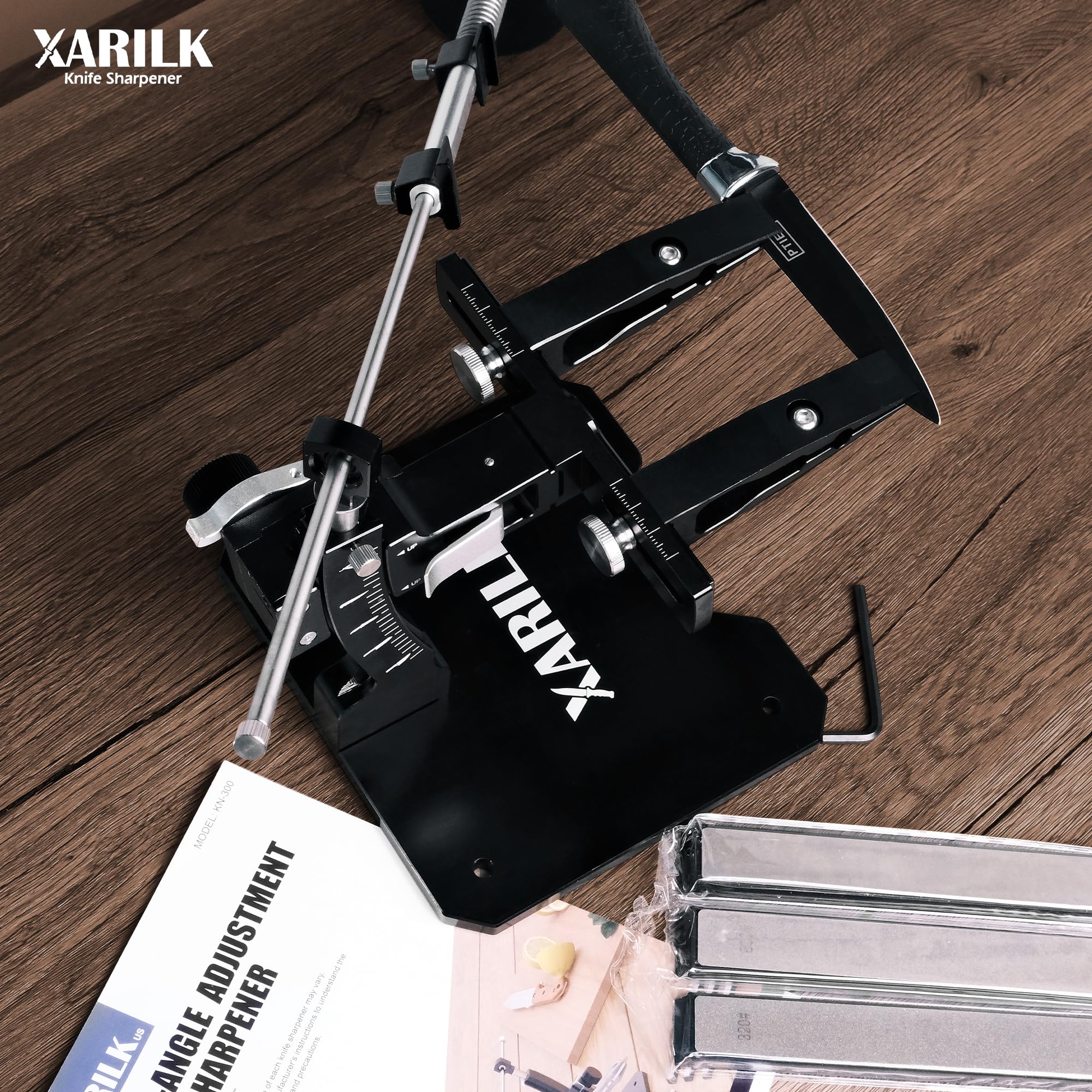 XARILK GEN3 in kitchen use showing a home chef sharpening a knife