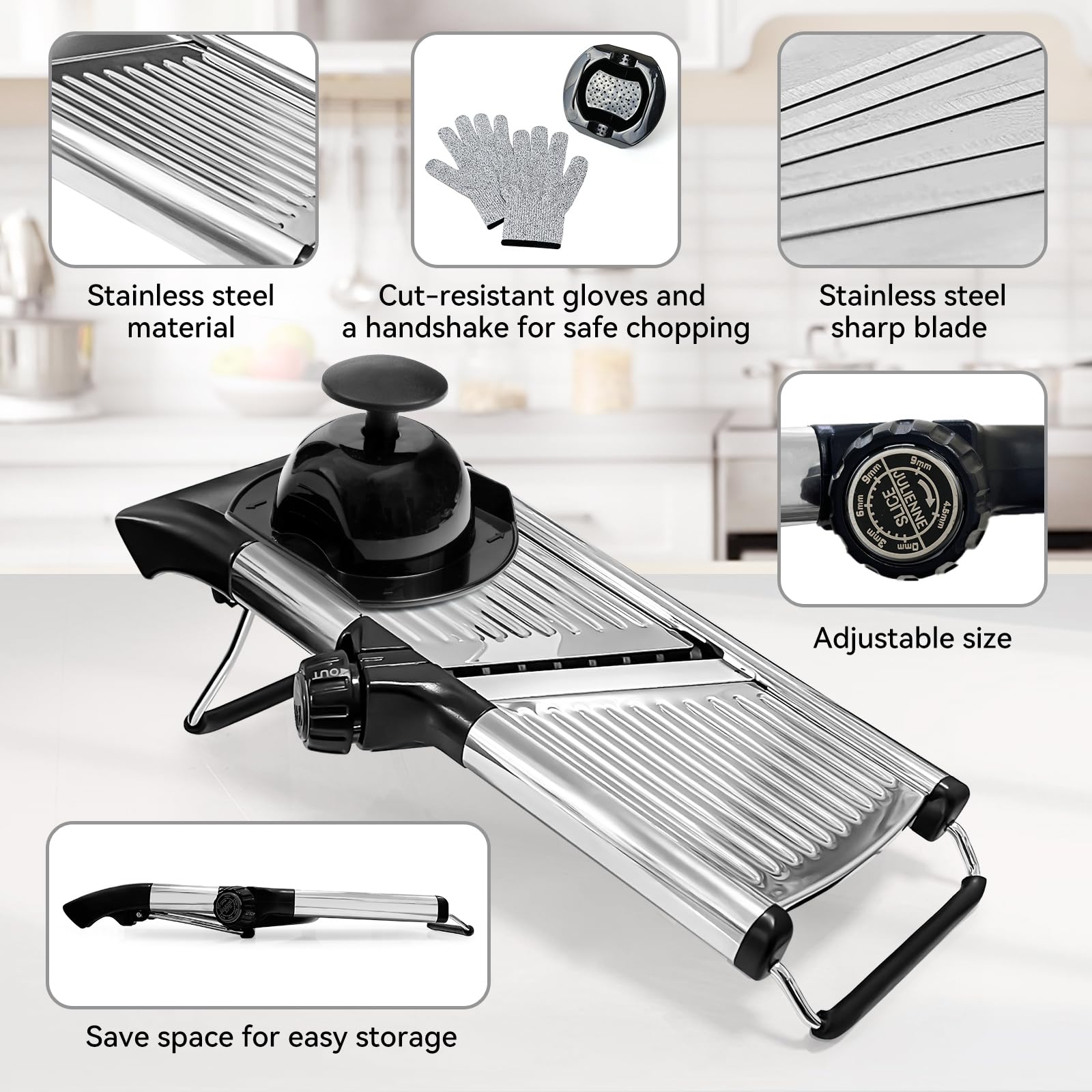 XAYCDEHN Mandoline Slicer uses stainless steel blades for durable cuts.