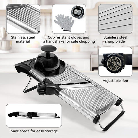 XAYCDEHN Mandoline Slicer uses stainless steel blades for durable cuts.