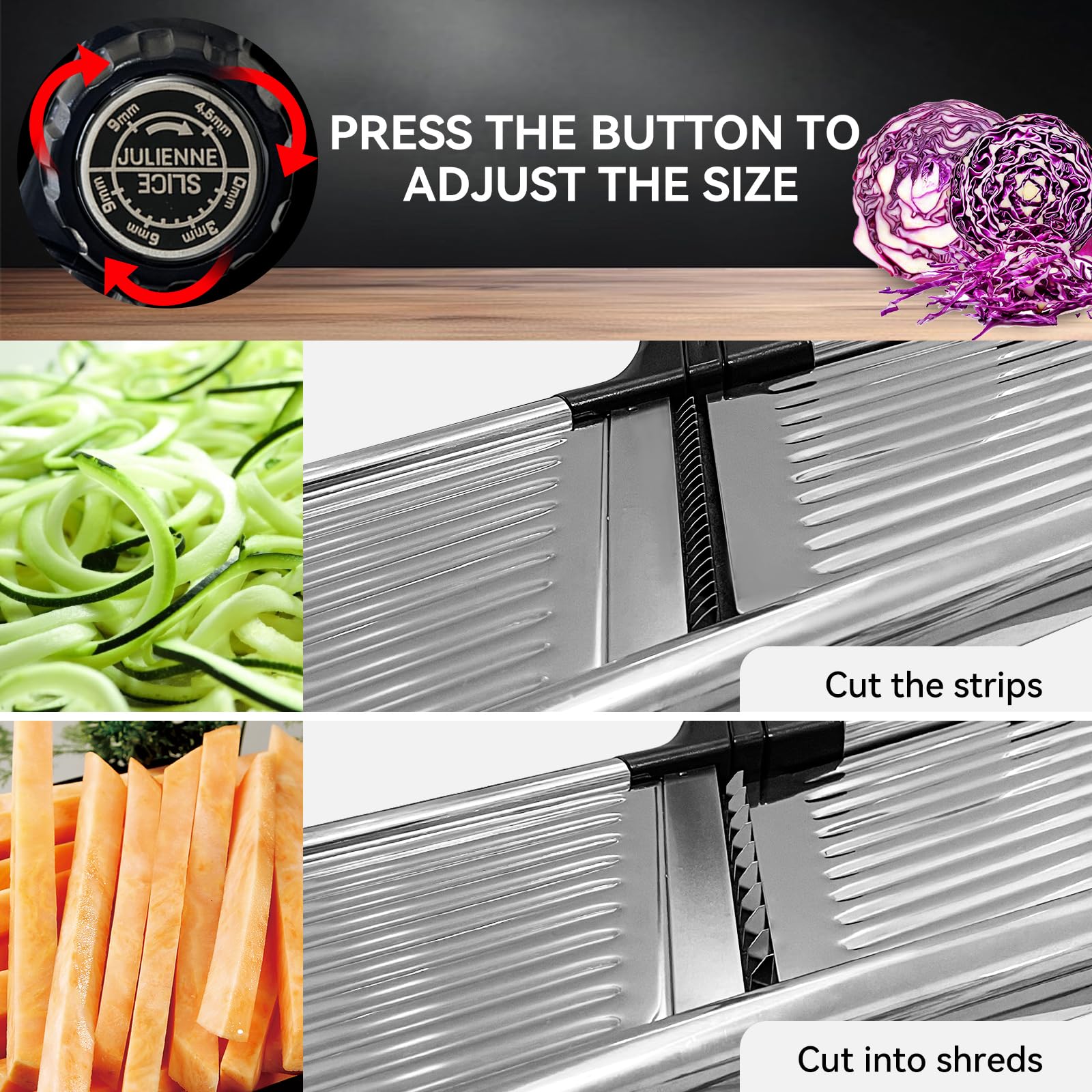 XAYCDEHN Mandoline Slicer demonstrates ultra-thin to thick slices for vegetables.