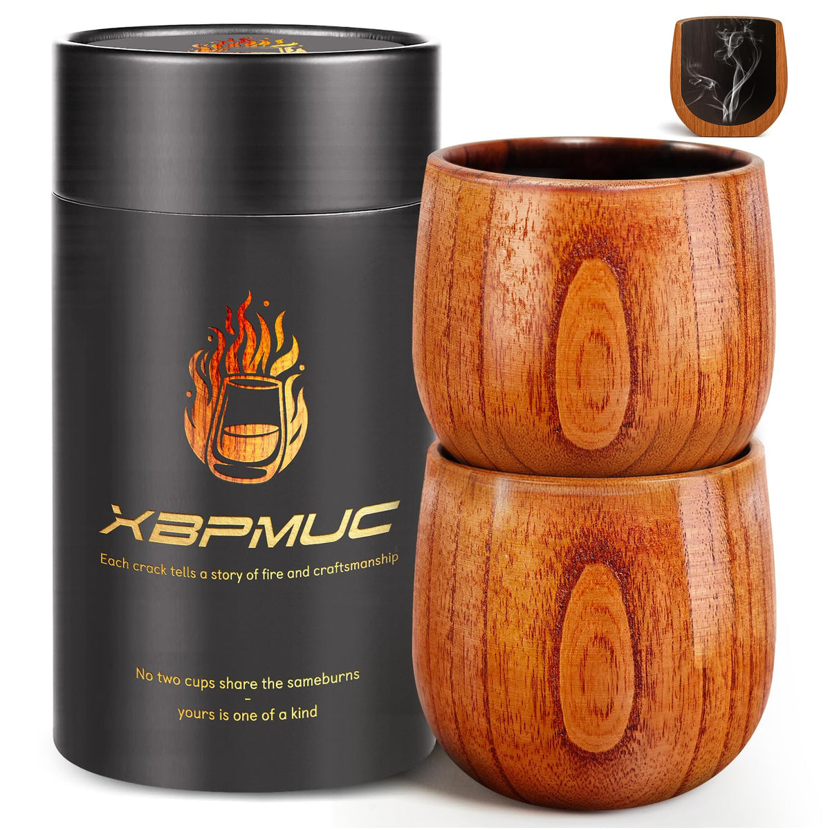 XBPMUC charred wooden whiskey glass close-up showing rich grain for enhanced bourbon aroma.