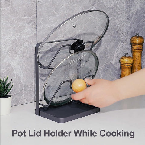 XCCK pot lid storage rack in dark grey fits most lids for organized counters.