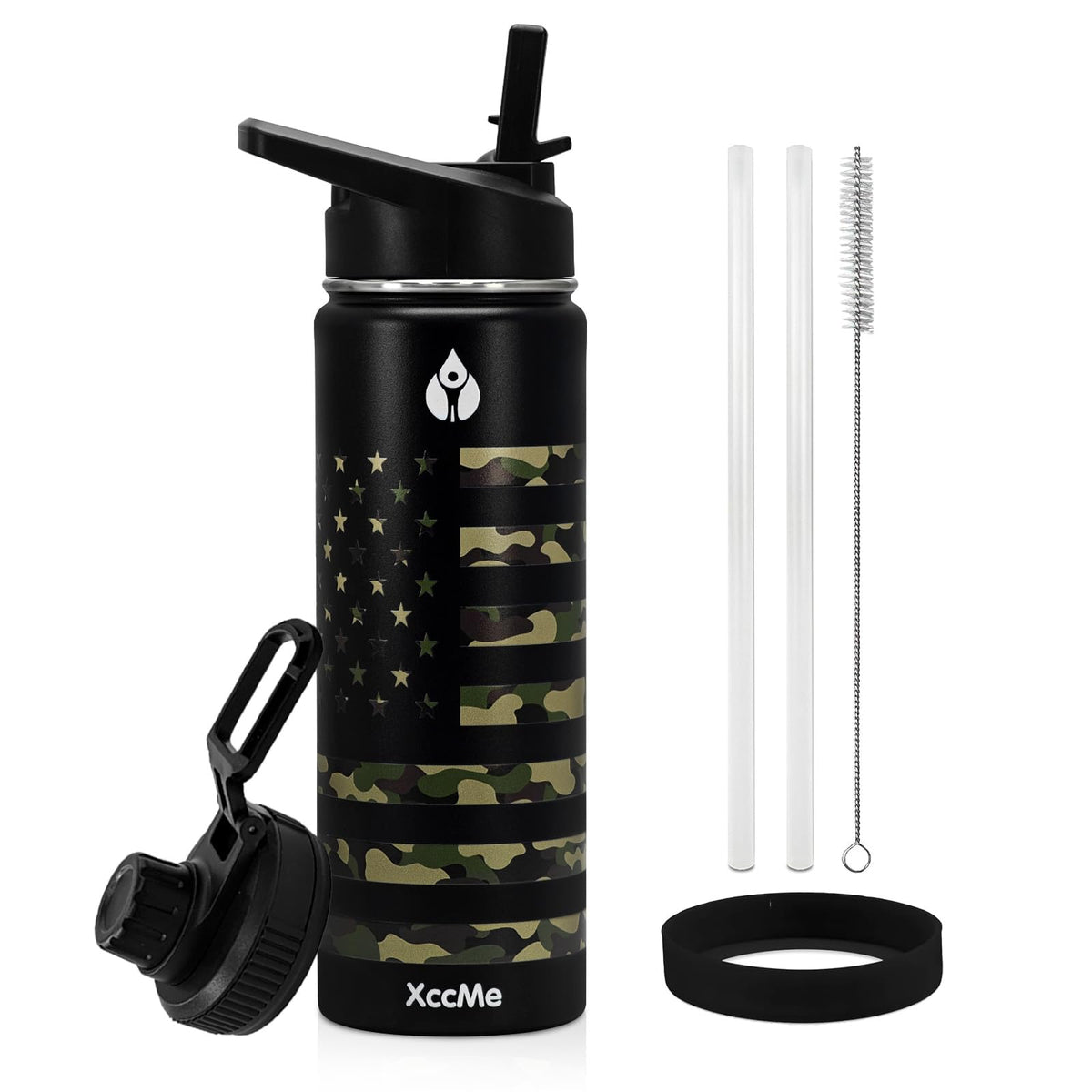 XccMe 22oz insulated bottle with camouflage finish keeps beverages cold during workouts.