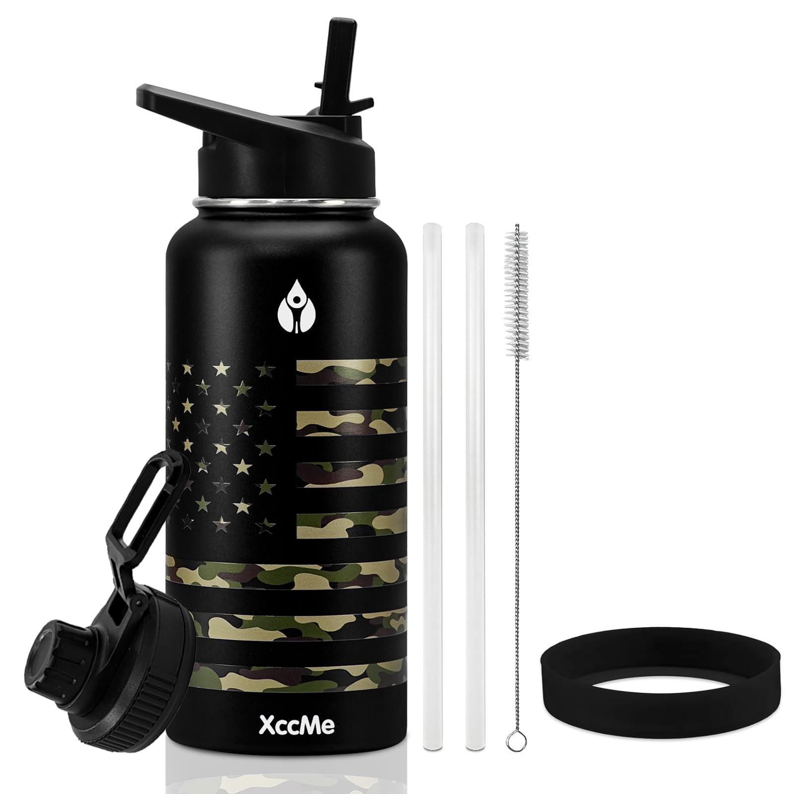 XccMe camouflage bottle front view for durable outdoor hydration.
