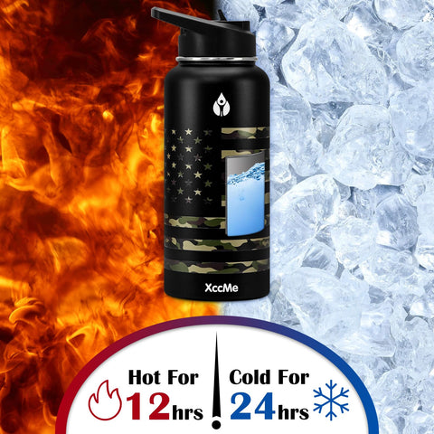 XccMe cow-pattern bottle with rugged finish for outdoor hikes and workouts.