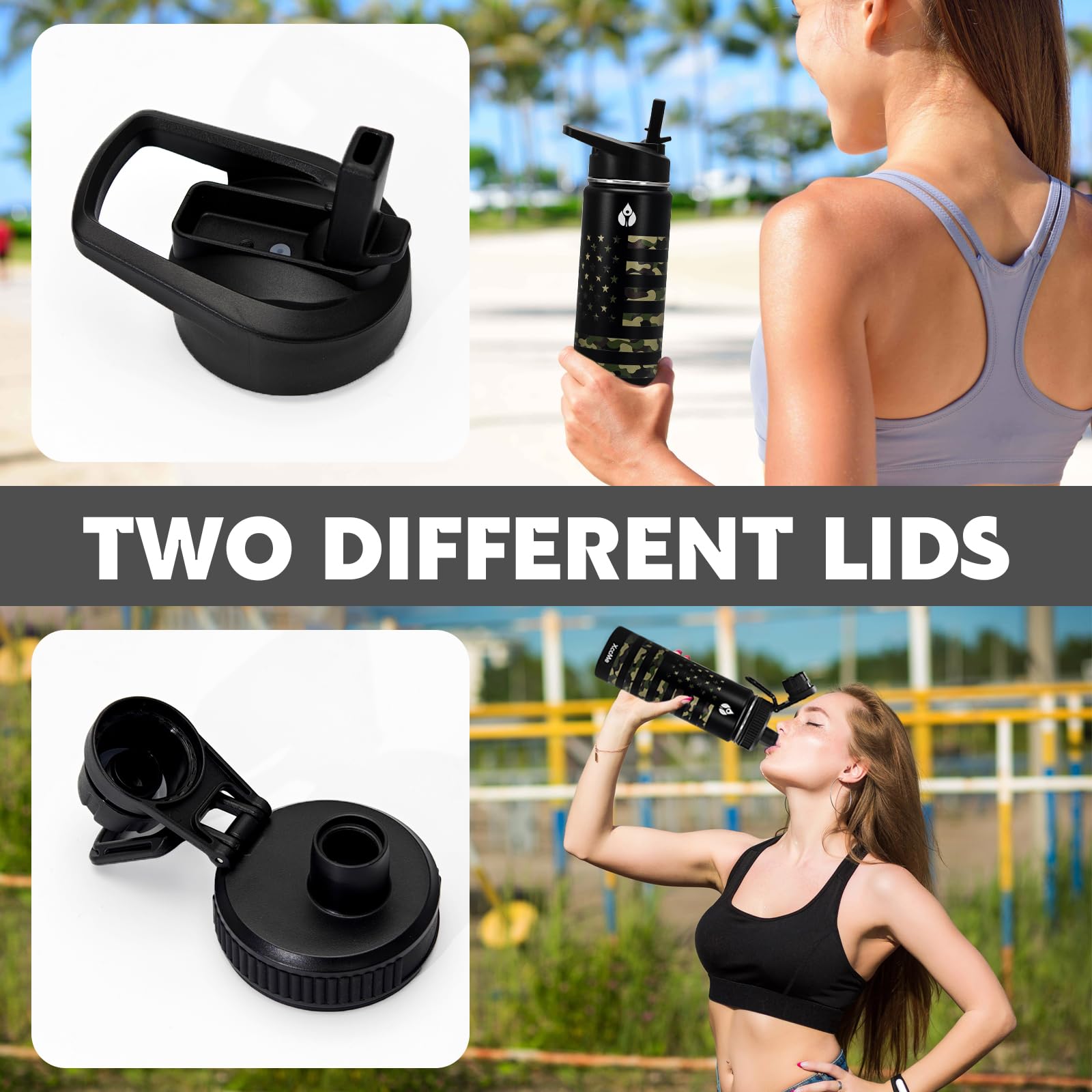 Dual lids on the XccMe bottle offer versatile hydration options with straw and twist spout.