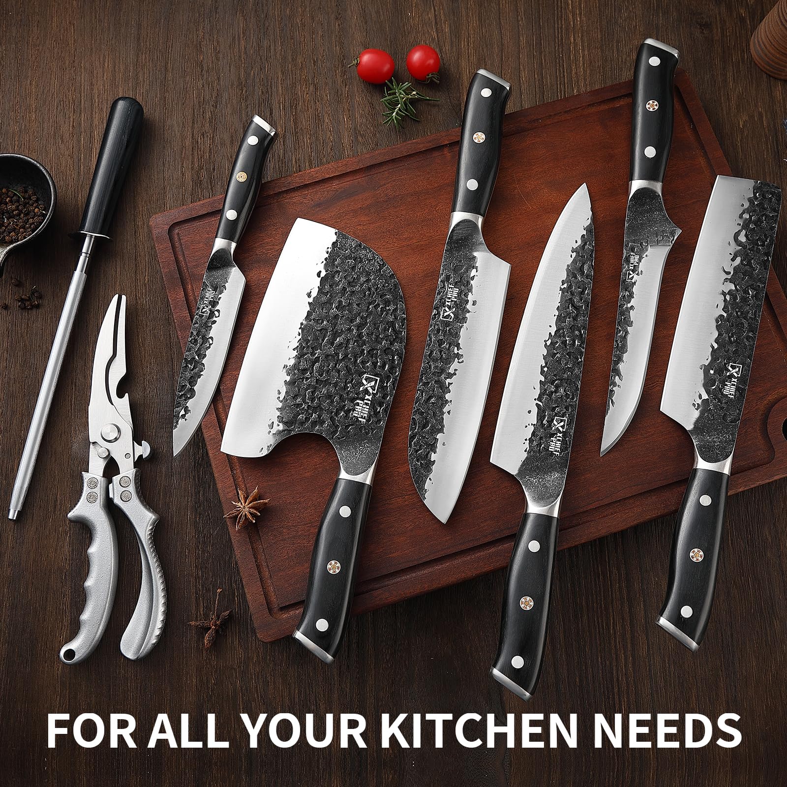 XCHIEF PRO 7-inch Santoku knife delivering clean vegetable cuts.