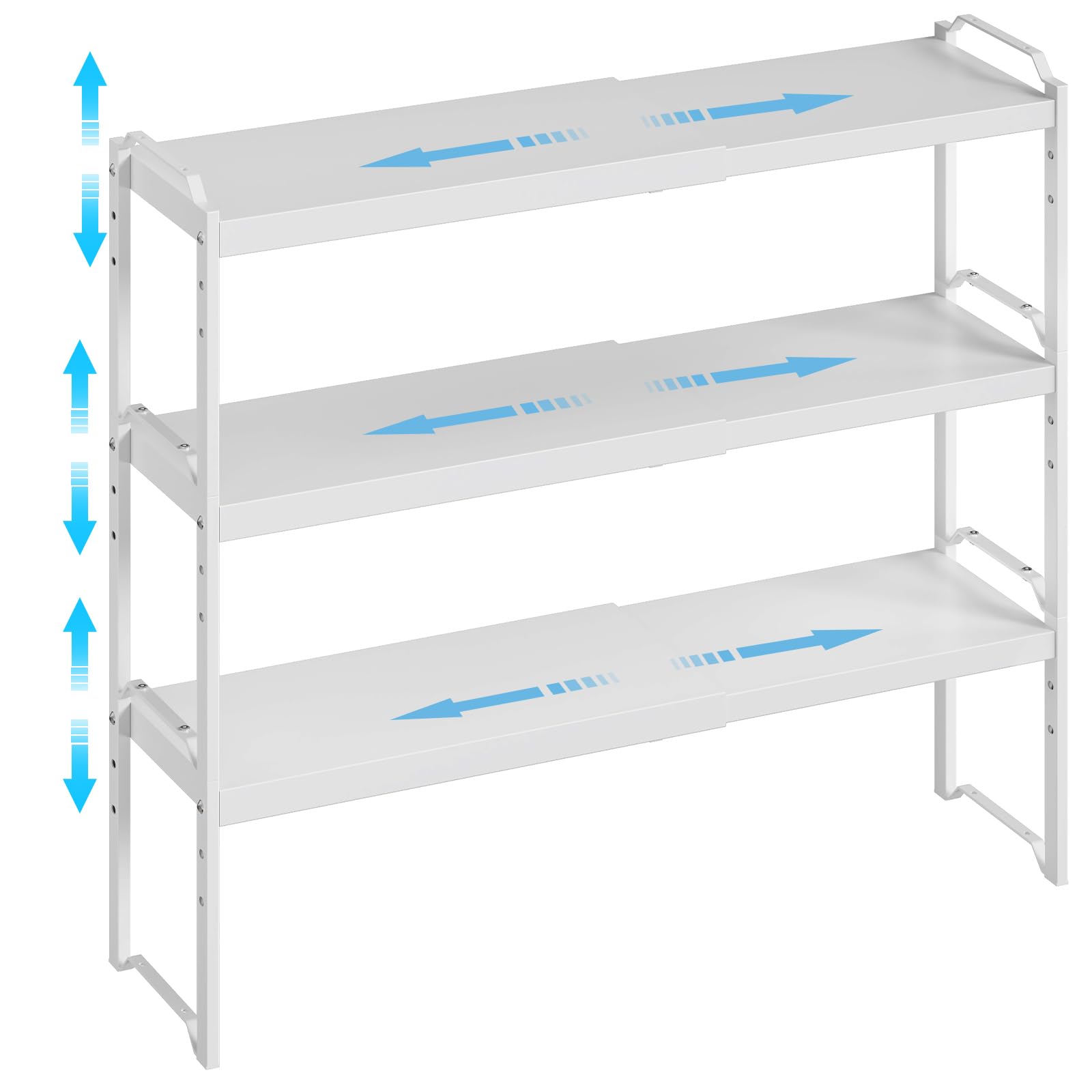 X-cosrack 3-pack expandable shelves shown in cabinet for flexible storage capacity.