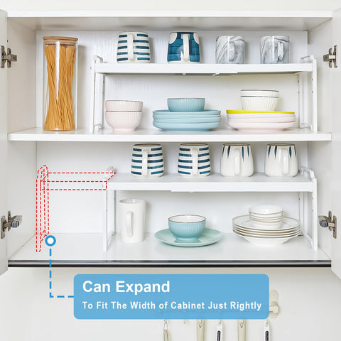 X-cosrack adjustable-height shelves for cups, cans, and bottles.