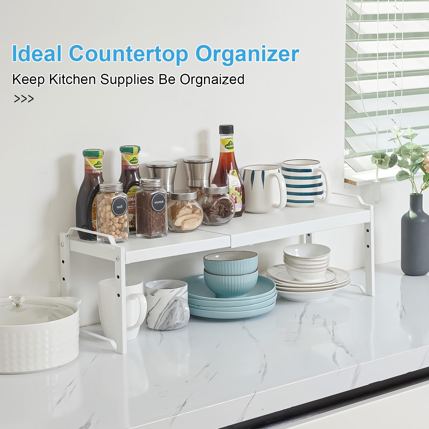 X-cosrack vertical storage setup organizes dishware and accessories neatly.