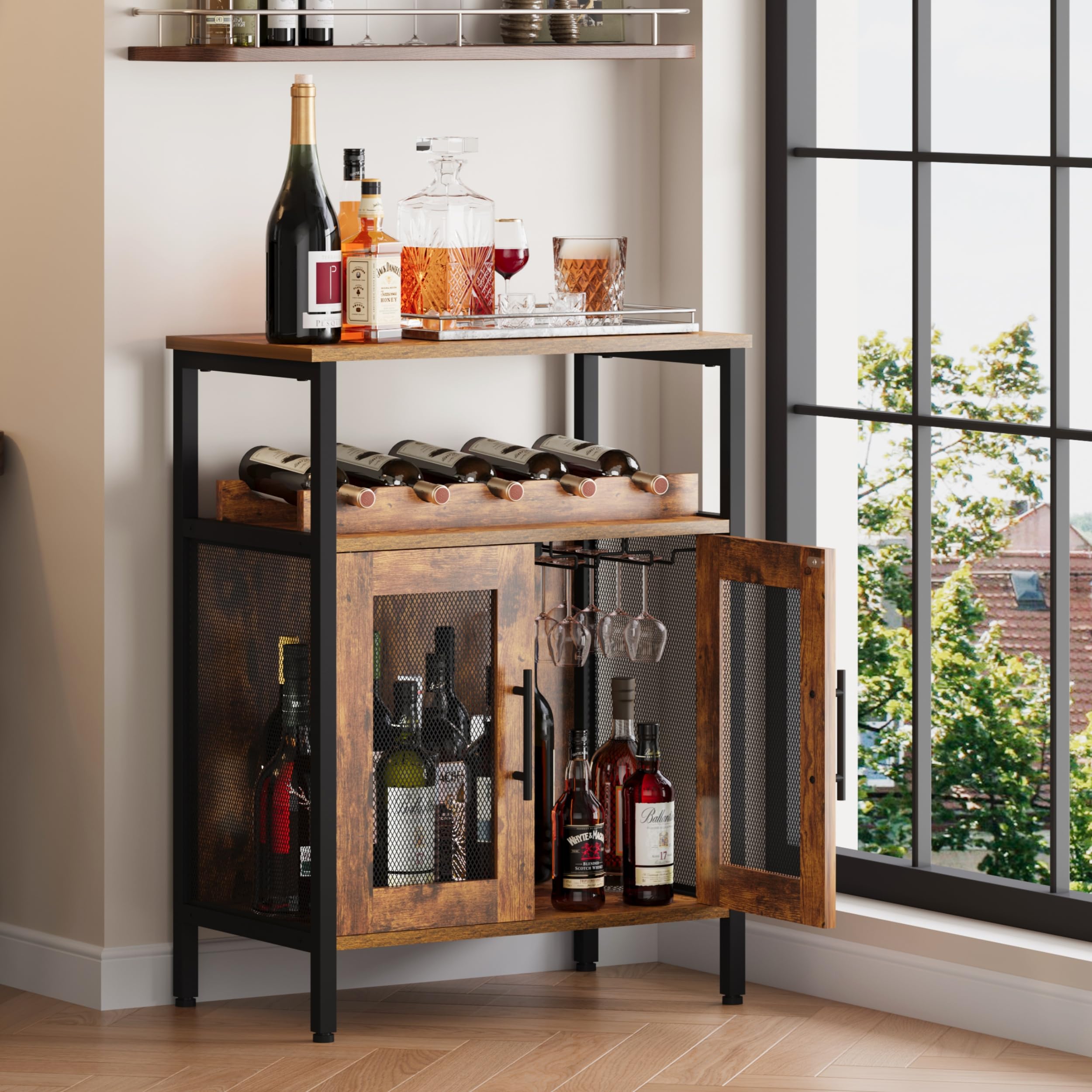 X-cosrack wine bar cabinet with detachable rack holds five bottles for organized entertaining.