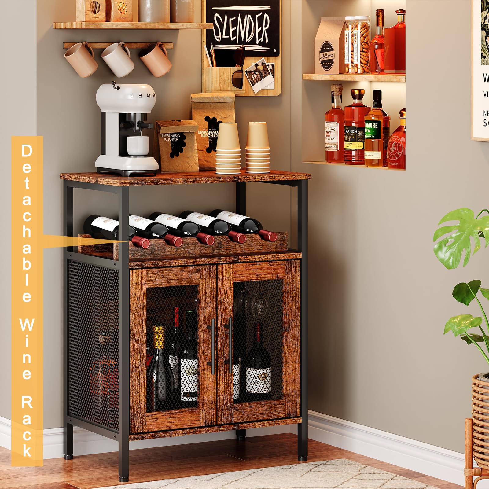 X-cosrack wine bar cabinet rustic wood-grain finish adds vintage charm.