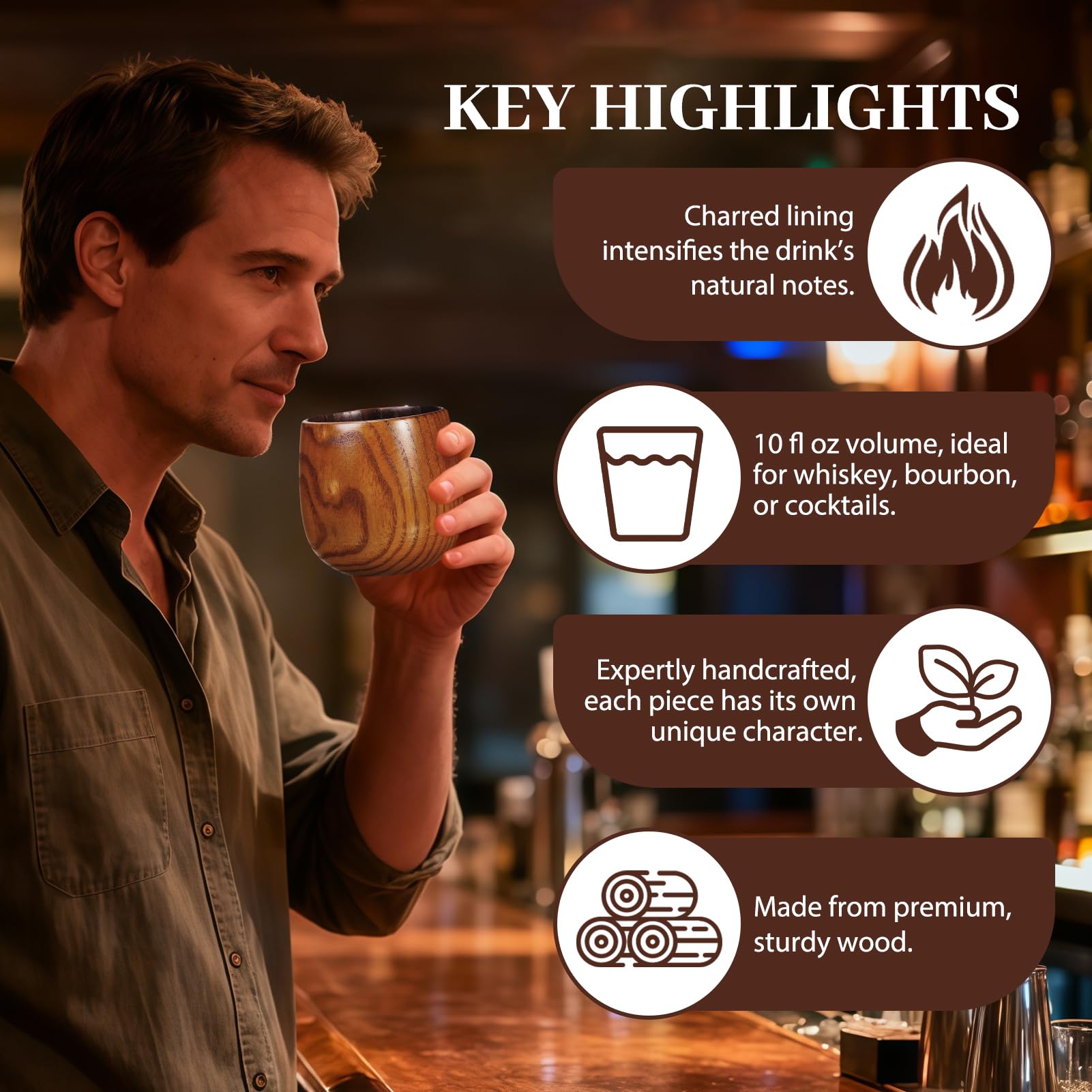 Two Xekley charred wooden bourbon glasses laid flat to show capacity