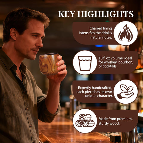 Two Xekley charred wooden bourbon glasses laid flat to show capacity