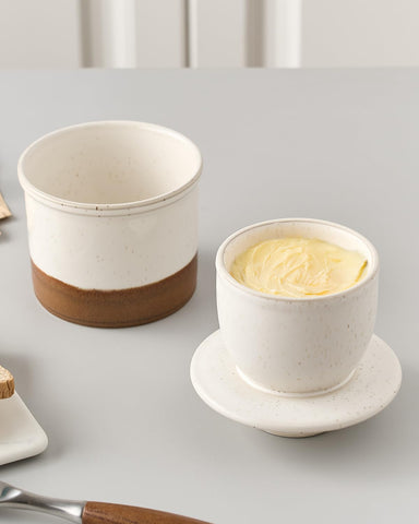 Xela butter crock durable porcelain resists chipping on countertops.