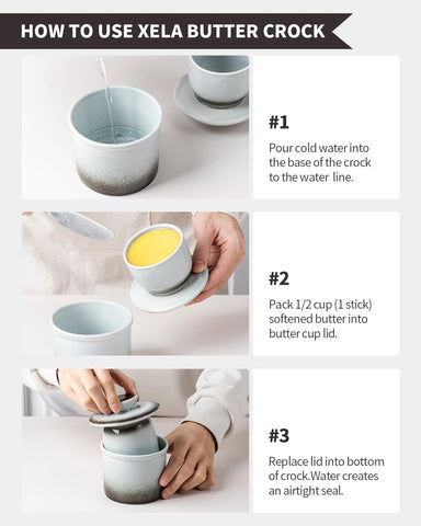 Xela butter crock durable porcelain is safe for freezer and dishwasher.