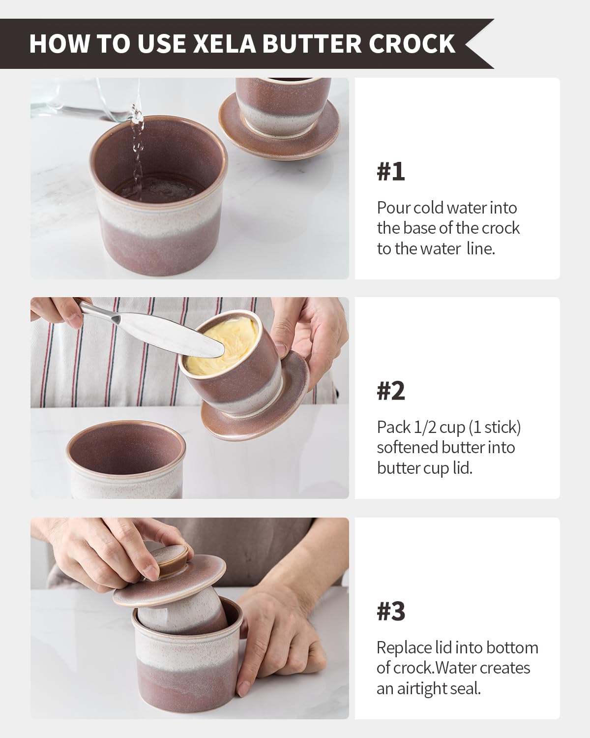 Xela Butter Crock with elegant glaze serves as a gift-ready kitchen decor piece.