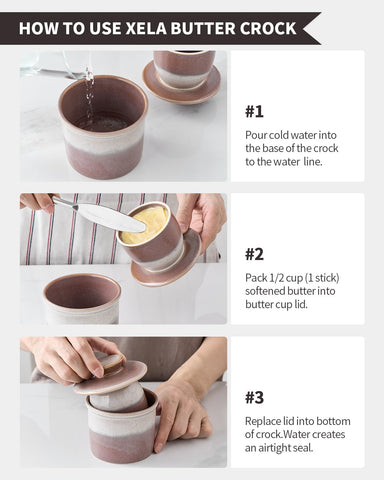 Xela Butter Crock with elegant glaze serves as a gift-ready kitchen decor piece.