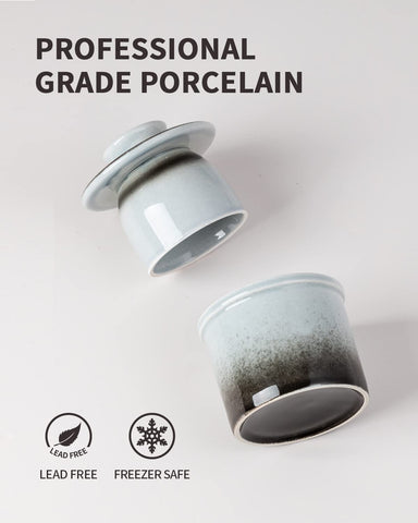 Xela butter crock gradient grey glaze adds stylish kitchen decor.