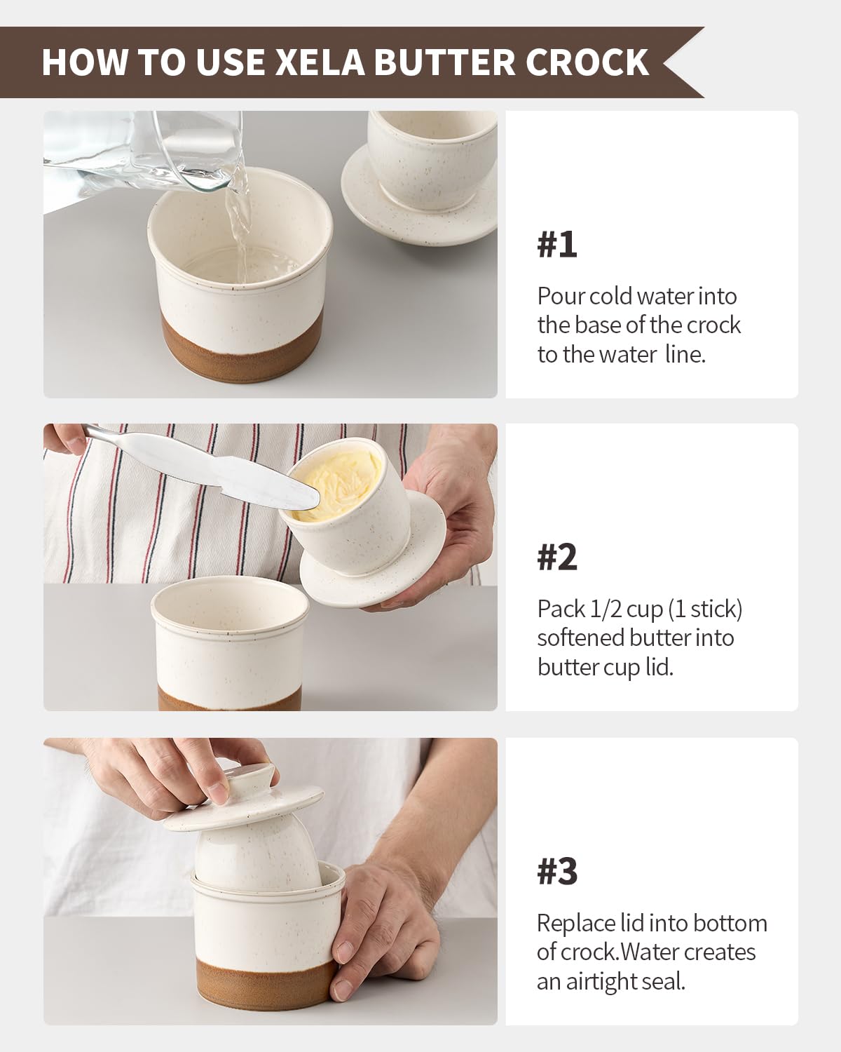 Xela butter crock Latte glaze enhances table presentation and serving.