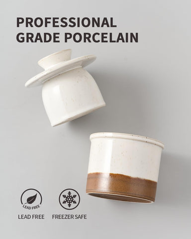 Xela butter crock in lead-free porcelain is safe for freezer and dishwasher.